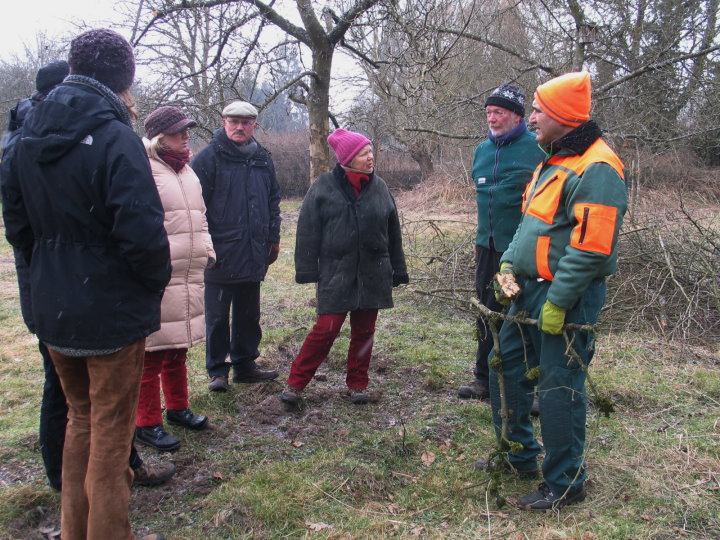 Ein kleiner Kreis von Zuschauern und Zuh�rern. Hans Vogeley erkl�rte die Systematik des Obstbaumschnitts. Krankheiten und deren Bek�mpfung werden von Franco erkl�rt. Werner ging auch auf spezielle Fragen der Teilnehmer ein.