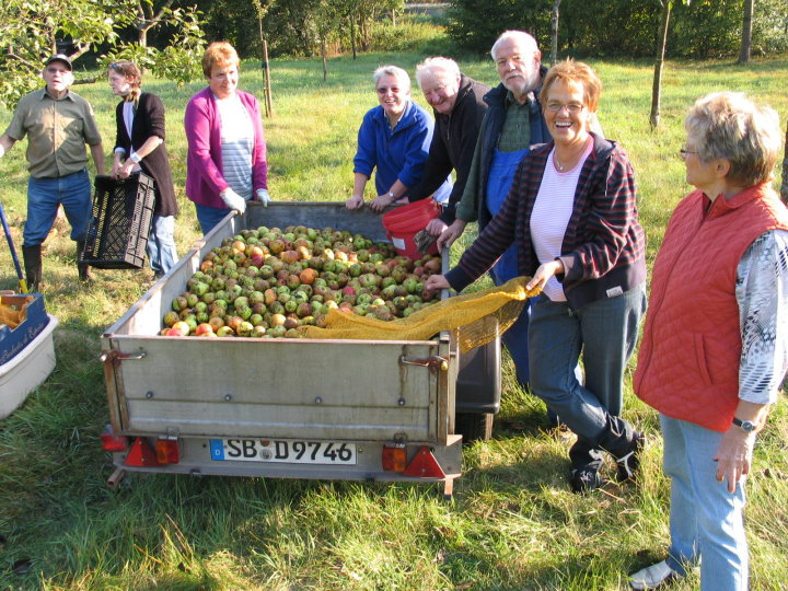 Eine Gruppe von Frauen und M�nnern hat sich aufgemacht um �pfel auf unserer Obstwiese zu sammeln.